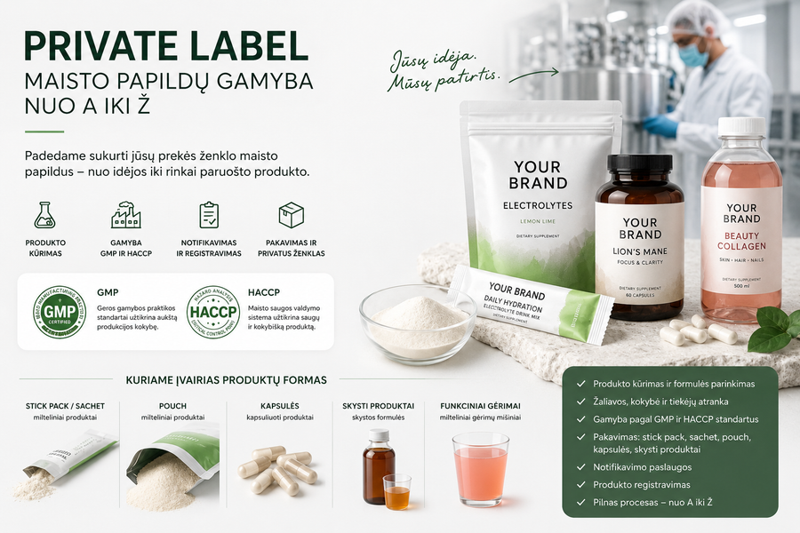 Private Label maisto papildų gamyba nuo A iki Z: stick pack, sachet, pouch, kapsulės ir skysti produktai