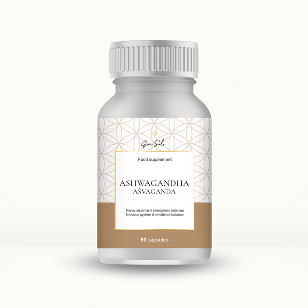 ASHWAGANDHA (Ašvaganda) maisto papildas kapsulėmis – natūrali pagalba nervų sistemai, emocinei pusiausvyrai, stresui mažinti ir energijai palaikyti | GraSole