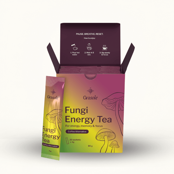 Fungi Energy Tea grybų arbata vienkartinėmis lazdelėmis energijai, susikaupimui ir natūraliai kavos alternatyvai.