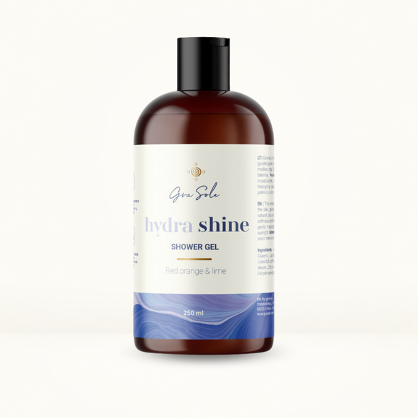 HYDRA SHINE dušo želė su raudonuoju apelsinu ir laimu – natūrali kūno odos priežiūra gaivumui, švelnumui, drėkinimui ir kasdieniam komfortui | GraSole