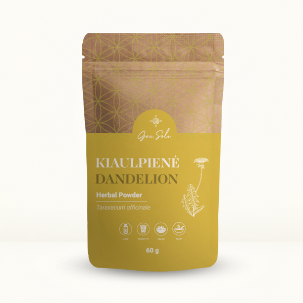 KIAULPIENĖ (Taraxacum officinale) natūralūs kiaulpienių milteliai kasdieniam mitybos papildymui, glotnučiams, sultims, sriuboms ir kitiems sveikatai palankiems receptams | GraSole