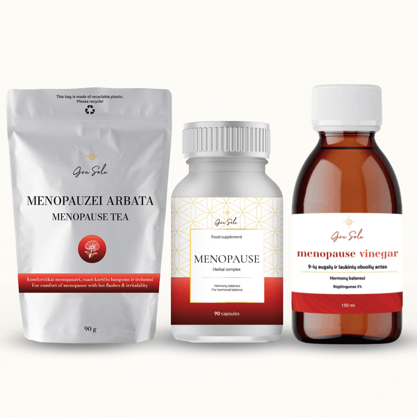 MENOPAUSE rinkinys moterims menopauzės laikotarpiu – maisto papildai, arbata ir augalinis actas hormonų balansui, emocinei pusiausvyrai ir gerai savijautai | GraSole