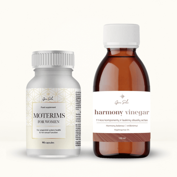 MOTERIMS papildų rinkinys su Harmony Vinegar ir MOTERIMS maisto papildu – natūrali pagalba hormonų balansui, moters gerai savijautai, virškinimui ir intymiai sveikatai | GraSole