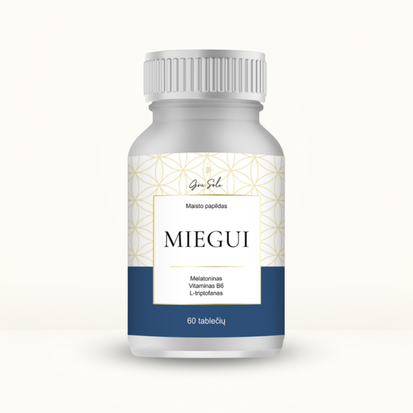 GraSole Miegui maisto papildas su melatoninu, L-triptofanu ir vitaminu B6, skirtas geresnei miego kokybei ir greitesniam užmigimui.