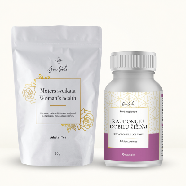 Woman's Health žolelių arbata ir Raudonųjų dobilų žiedų papildas moters hormonų balansui, gerai savijautai, menopauzės laikotarpiui ir moteriškos sveikatos palaikymui.