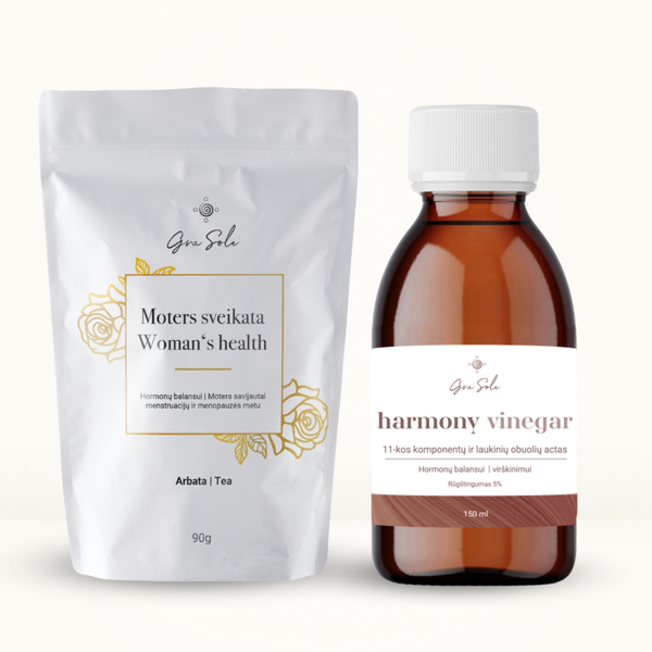 GraSole moters sveikatos rinkinys – Woman’s Health žolelių arbata ir Harmony Vinegar fermentuotas obuolių actas. Natūralus derinys hormonų balansui, gerai savijautai, virškinimui ir moters organizmo palaikymui menstruacijų bei menopauzės laikotarpiu.
