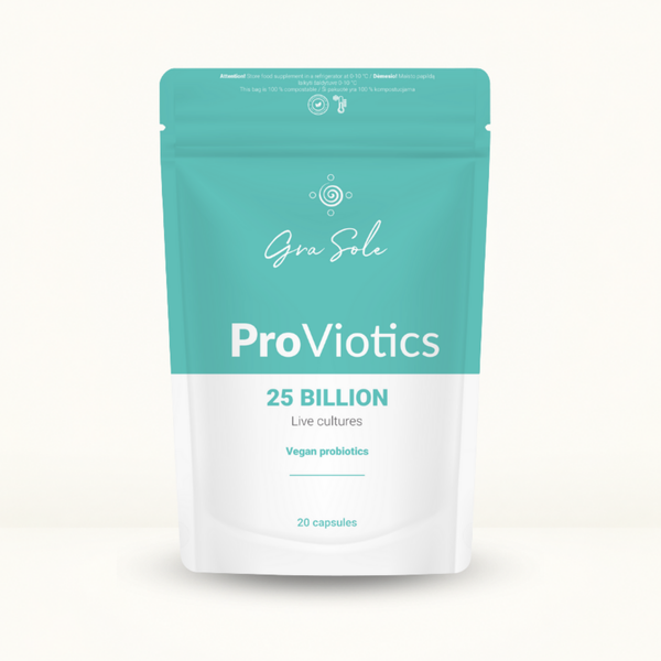 GraSole ProViotics 25 Billion – veganiniai probiotikai su 25 mlrd. gyvųjų bakterijų kultūrų, 20 kapsulių, skirti žarnyno mikrobiotos ir virškinimo palaikymui.