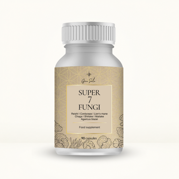Super 7 Fungi kapsulės su reishi, cordyceps, liūto karčiais, chaga, shiitake, maitake ir agaricus blazei imunitetui, energijai ir bendrai organizmo sveikatai.