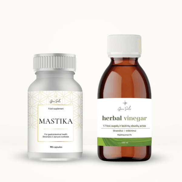 VIRŠKINIMUI rinkinys su Mastika ir Herbal Vinegar – natūrali pagalba skrandžio ir žarnyno veiklai, virškinimui, rūgštingumo balansui ir gerai savijautai | GraSole