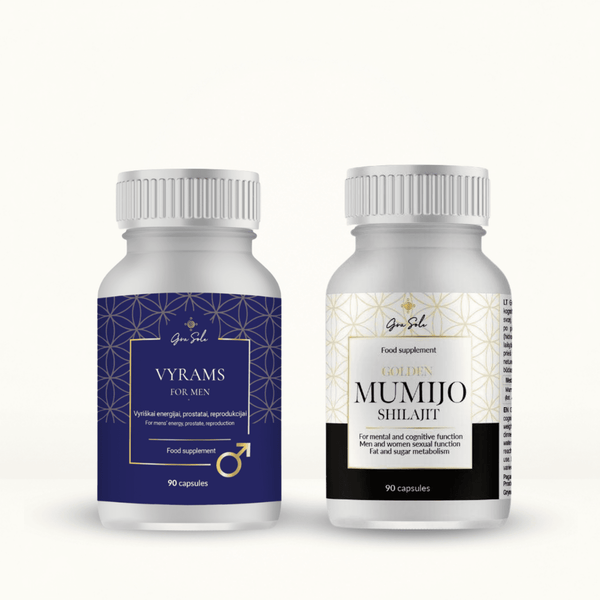 VYRAMS papildų rinkinys su GOLDEN MUMIJO SHILAJIT ir VYRAMS – natūrali pagalba vyriškai energijai, ištvermei, libido, prostatos funkcijai ir bendrai vyrų gerai savijautai | GraSole