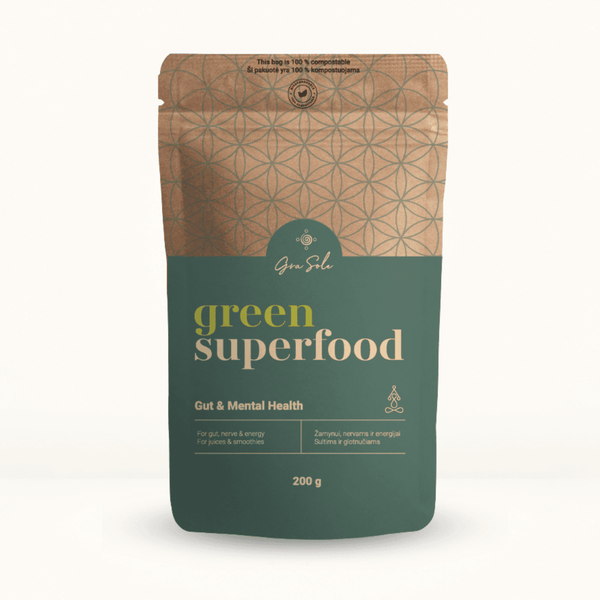 Green Superfood – žaliųjų supermaisto miltelių mišinys žarnyno veiklai, nervų sistemai, energijai ir kasdienei gerai savijautai palaikyti.